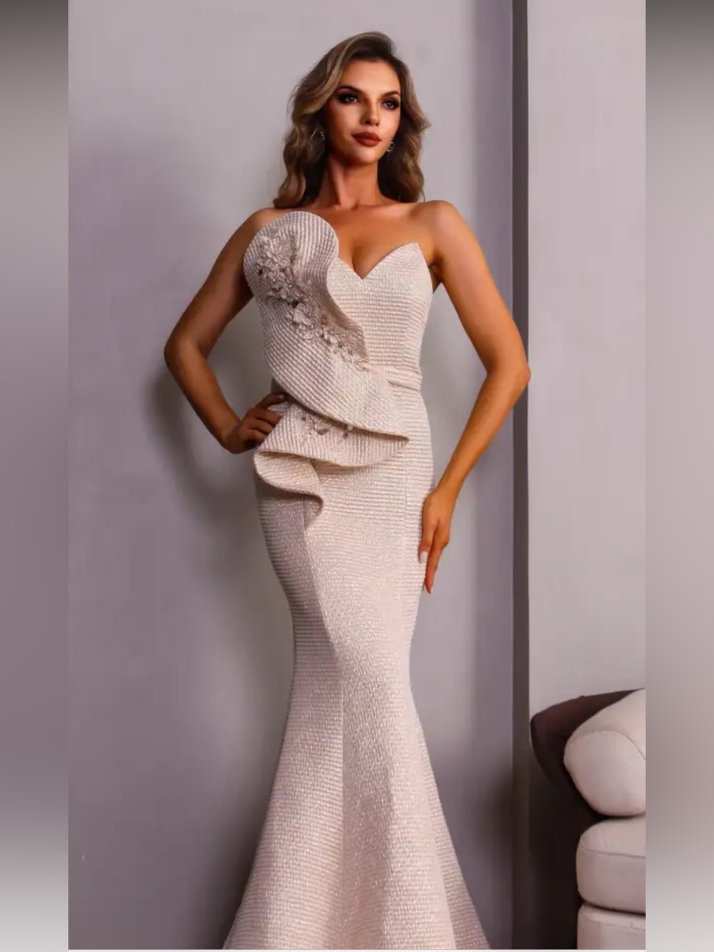 Terani Couture One-Shoulder Ivory Sculpted Ruffle Gown